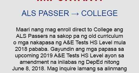 ALS Passers In 2019 May Enroll Directly To College .